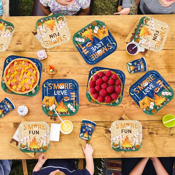 250Pcs S'more Camping Birthday Party Decorations S’More Love Fun Plates Napkins Cups Disposable Camping Campfire Bonfire Tableware Set for Kids Labor Day Adventure Baby Shower Party Supplies Serves 50