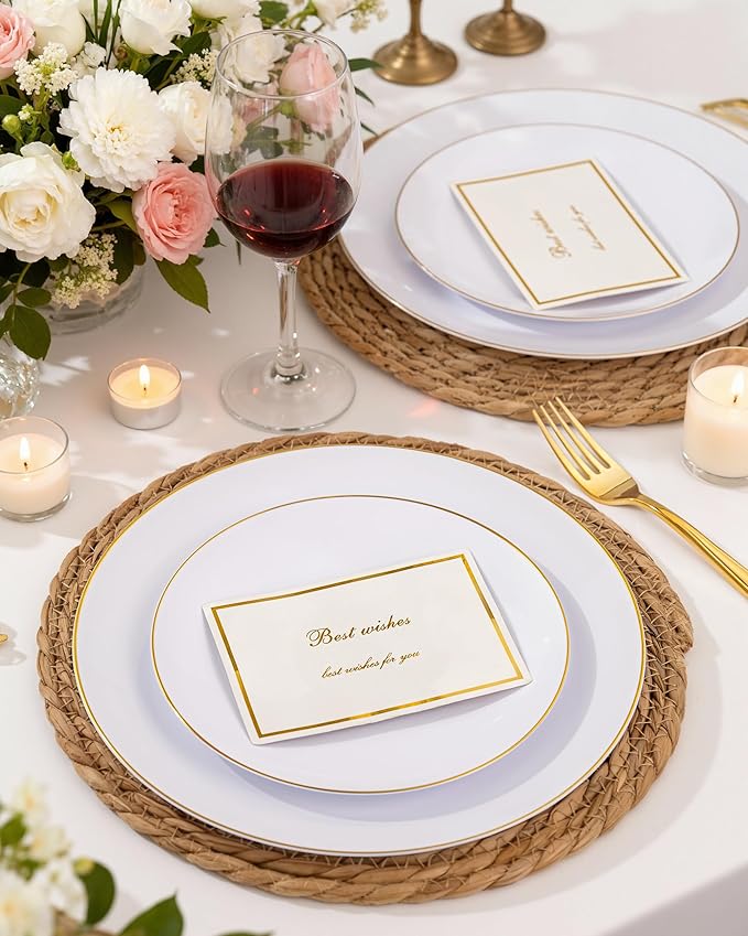 Nervure 100Pieces White with Gold Rim Plastic Plates - 7.5inch Disposable Gold Salad/Dessert Plate - White and Gold Plastic Plates Ideal for Wedding & Party & Mother's Day