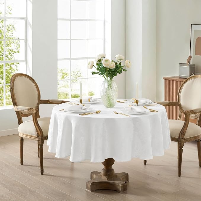 Newbridge Barcelona Luxury Damask Fabric Tablecloth, 90” Round, White, 100% Polyester, No Iron, Soil Resistant Dining Room, Party and Banquet Table Cover