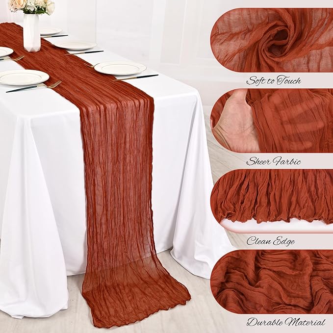 8 Pack Terracotta Cheesecloth Table Runner 10FT Boho Gauze Cheese Cloth Table Runner Rustic Sheer Fabric Table Runners for Wedding Bridal Shower Baby Shower Party(21.5×120 Inch)