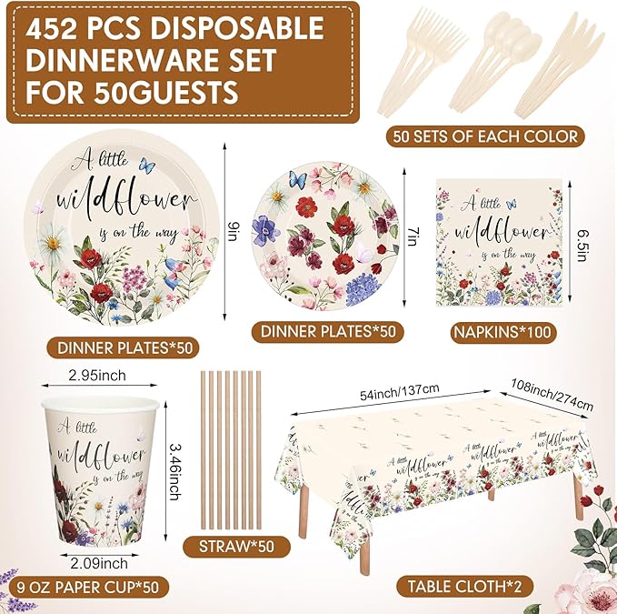 452 Pcs Wildflower Baby Shower Party Supplies for 50 Guest, Vintage a Little Wildflower Is on the Way Paper Plates Napkins Cups Tablecloth Cutlery Straws for Spring Summer Baby Shower Party Decoration