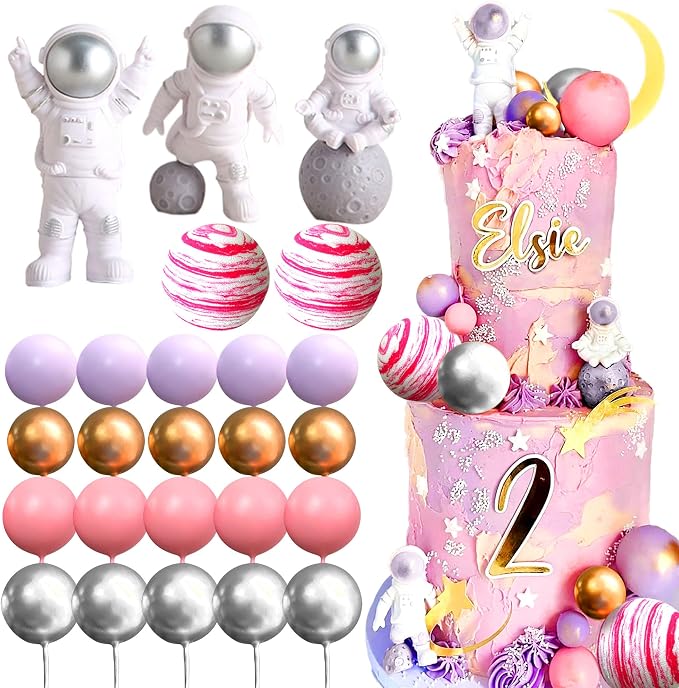 LaVenty Pink Space Cake Toppers Outer Space Astronaut Rocket Stars Cake Decorations for Birthday Party Supplies Baby Shower