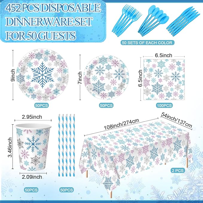 Funnymoom 452 Pcs Winter Decoration Wonderland Snowflake Party Supplies, Blue Pink Silver Snowflake Paper Plates Napkins Cups Tablecloth Cutlery Straws for Christmas Gender Reveal Baby Shower Party