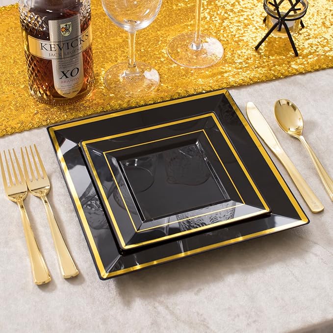 WDF 125Pieces Black Square Plastic Plates with Gold Rim Gold Disposable Silverware - include 25Pcs Dinner Plates,25Pcs Dessert Plates,25 Forks, 25 Knives, 25 Spoons for New Year (Pack of 2)
