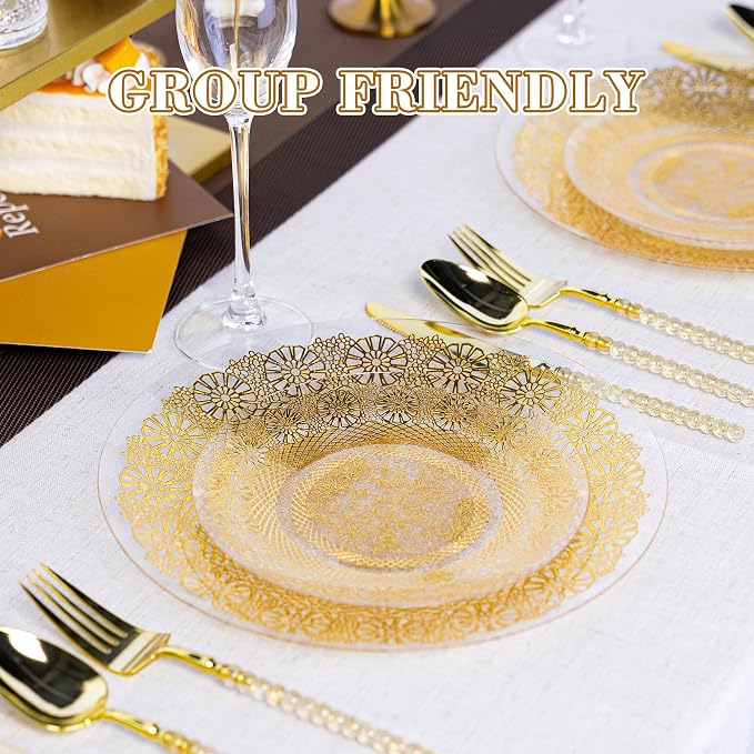 HOMIP 120PCS Clear Gold Plastic Plates with Gold Lace Design, Disposable Retro Plates Include 60PCS 10" Dinner Plate & 60PCS 7" Dessert Plate Perfect for Party Wedding and Holiday