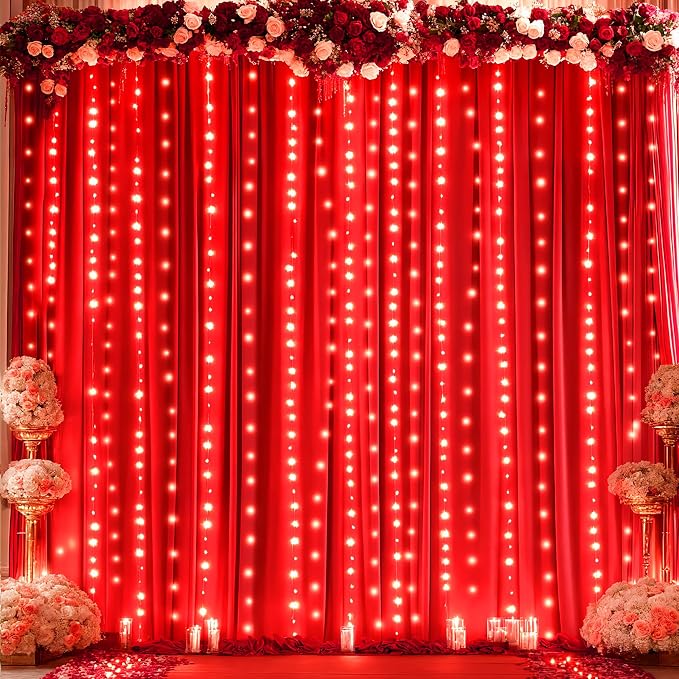 Red Backdrop Curtains with Lights for Parties,10x10FT Wrinkle Free Red Photo Backdrop Curtains for Wedding Baby Shower Birthday Ceremony Reception New Year Decorations-5ft x 10ft,2 Panels