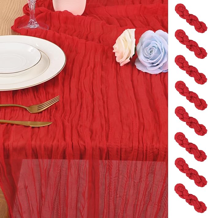 8 Pack 10Ft Cheesecloth Table Runner Red, 20 x 120 Inch Rustic Gauze Boho Cheese Cloth Wedding Long Table Runner for Wedding Party Bridal Shower Decoration