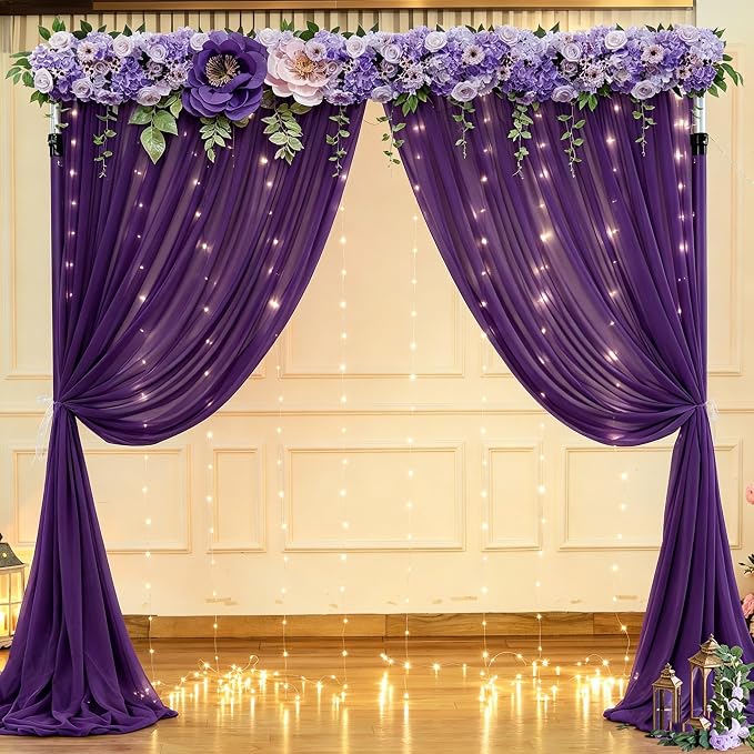 20 x 10ft Purple Chiffon Backdrop Curtain with Lights String for Parties,4 Panels Sheer Tulle Curtain Wedding Backdrop for Baby Shower Birthday Party Ceremony Reception Home Decorations