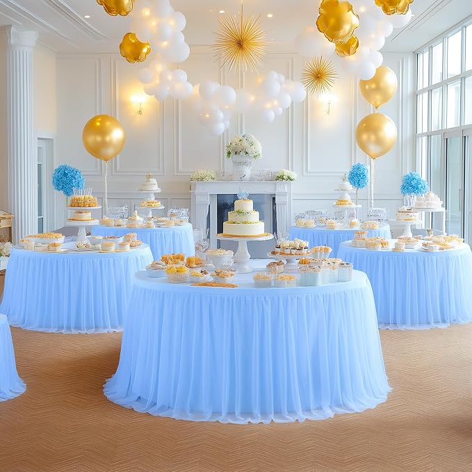 HB HBB MAGIC Baby Blue Tablecloth for Round Table 72 inch Stretchy Elastic Fitted Round Table Cloth Cover 120 inch, Tulle Table Cloth with Skirt Baby Shower Birthday Party Cake Tables Decorations