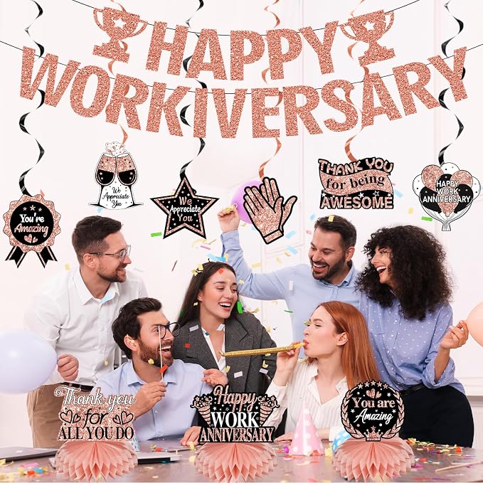 Zirtorei Happy Workiversary Decorations for Women Employee, 11pcs Rose Gold Work Anniversary Banner Party Supplies, Workiversary Honeycomb Centerpieces Hanging Swirls Business Gift for Office