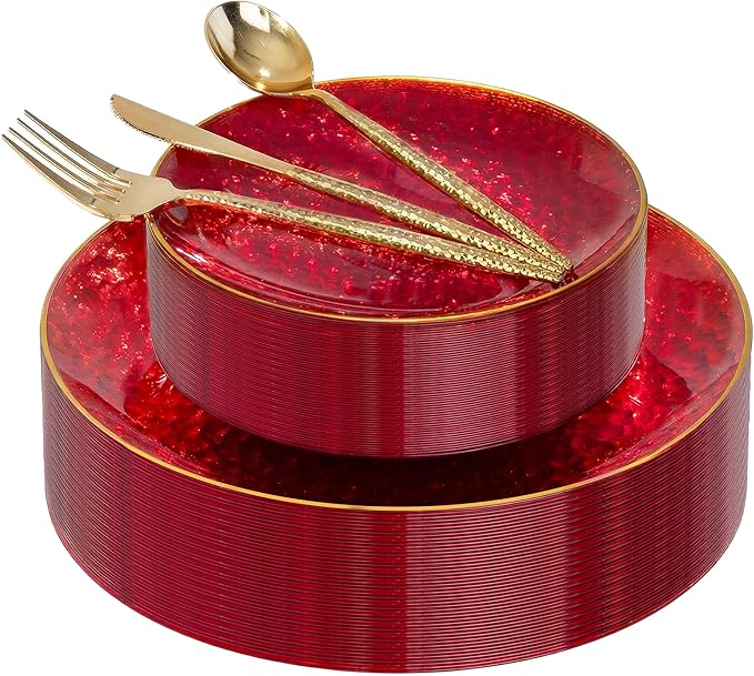 I00000 150Pcs Red Plastic Plates with Gold Rim,Fancy Plastic Plates,Red hammer patterned Disposable plates Set include 30 Dinner Plate,30 Dessert Plate,90 plastic Silverware Set for Valentine's Day