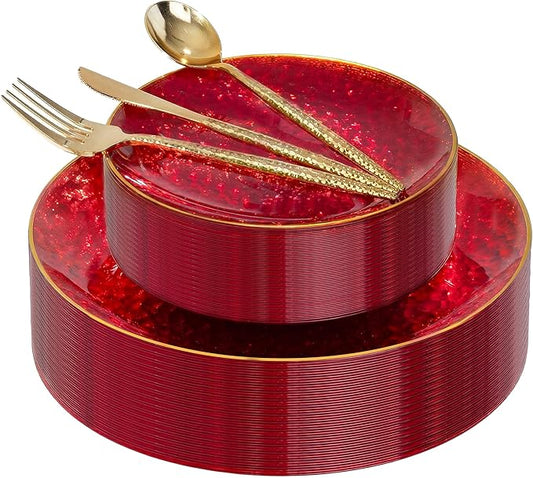 I00000 150Pcs Red Plastic Plates with Gold Rim,Fancy Plastic Plates,Red hammer patterned Disposable plates Set include 30 Dinner Plate,30 Dessert Plate,90 plastic Silverware Set for Valentine's Day