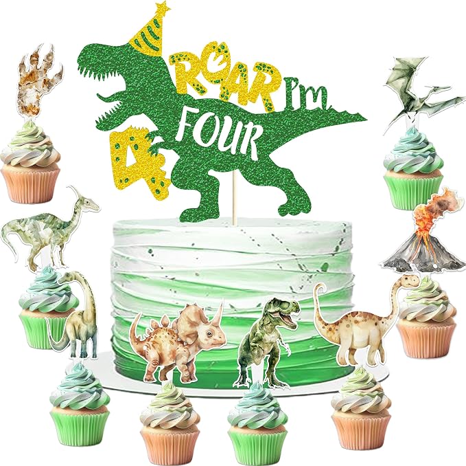 208 Pcs Dinosaur 4th Birthday Party Supplies, Green Dino Roar I'm Four Birthday Decorations, 20 Serves Include Plates, Cups, Napkins, Tablecloth, Cake Topper, Swirls, Banner, Balloons for Boys