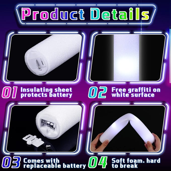Liliful 200 Pcs LED Foam Sticks Bulk White Light up Sticks Flashing Glow Baton Wands Themed Party Set, Glow in the Dark Party Supplies for Wedding, Raves,Concert,Birthday,Sporting Events