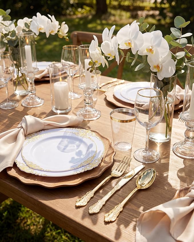 Nervure 175PCS White and Gold Plastic Plates - Disposable Dinnerware Set Include 50 Gold Plates for Dinner and Dessert, 75 Cutlery, 25Cups 25Napkins for Wedding & Party & Mothers Day
