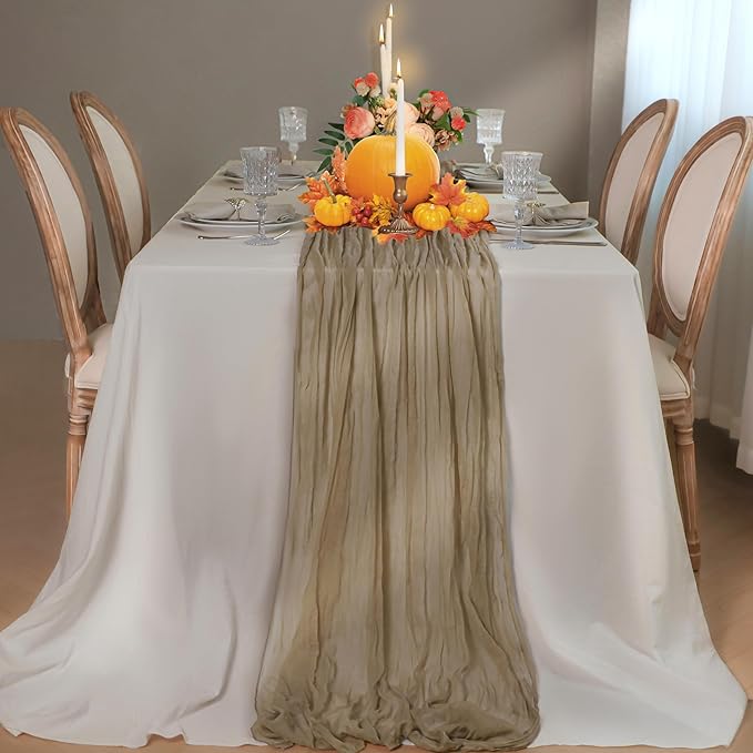 Snowkingdom Nude Brown Cheesecloth Table Runner Taupe Light Tan 120 Inch Long 10FT Boho Rustic Neutral Gauze Sheer Runner for Wedding Baby Shower Birthday Christmas Holiday Party Decorations
