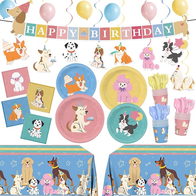 203pcs Retro Puppy Party Decorations Plates Napkins Pet Dog Birthday Party Supplies Retro Puppy Paper Cups Balloon Banner Hanging Swirls Tablecloths for Disposable Dog Birthday Tableware Set Serve 24