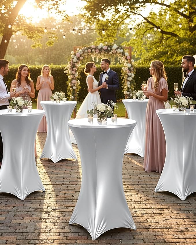 Cocktail High Top Table Covers - 32x43 Inch Fitted Spandex Round Cocktail Tablecloth for Bar Height Standing Table Cloths Reusable, for Party Wedding Banquet Event Decorations, Shiny White, 8 Pack