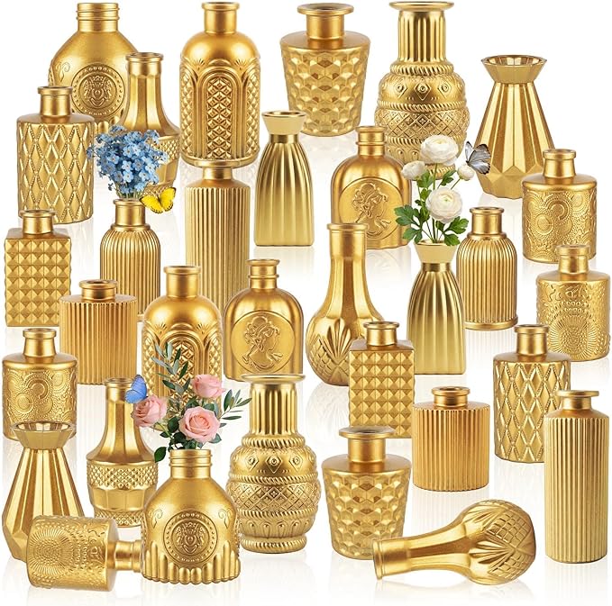 32 PCS Assorted Vintage Bud Vases, Colorful Glass Small Vases Bulk, for Centerpicecs, Wedding Table Decor, Home Decorations & Gifts (Gold Seiris)