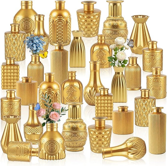 32 PCS Assorted Vintage Bud Vases, Colorful Glass Small Vases Bulk, for Centerpicecs, Wedding Table Decor, Home Decorations & Gifts (Gold Seiris)