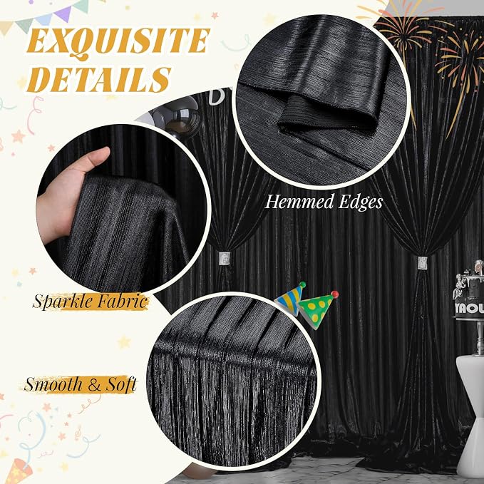 Black Sequin Backdrop Curtain 2 Panels 4.8FTx10FT Glitter Background Drapes Sparkle Photography Backdrop for Party Wedding Stage Birthday Wall Decorations