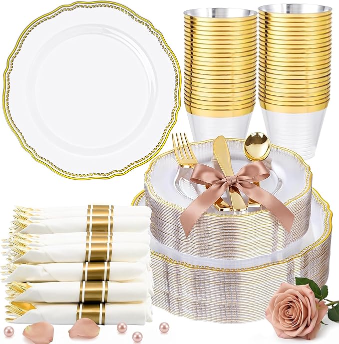 Hioasis 175pcs Clear Gold Plastic Plates - Gold Plastic Dinnerware Set Includes 25 Dinner Plates, 25 Dessert Dinnerware, 25 Cups, 25 Napkins Perfect for Wedding & Party