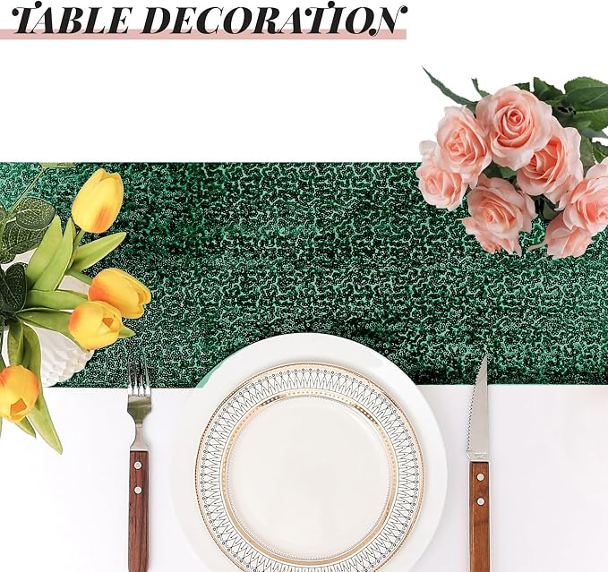 Sugargirl 10 Packs 12 x 72 inches Sequin Table Runner, Glitter Dark Green Table Runner for Birthday Party Supplies Wedding Holiday Celebration Event Decorations