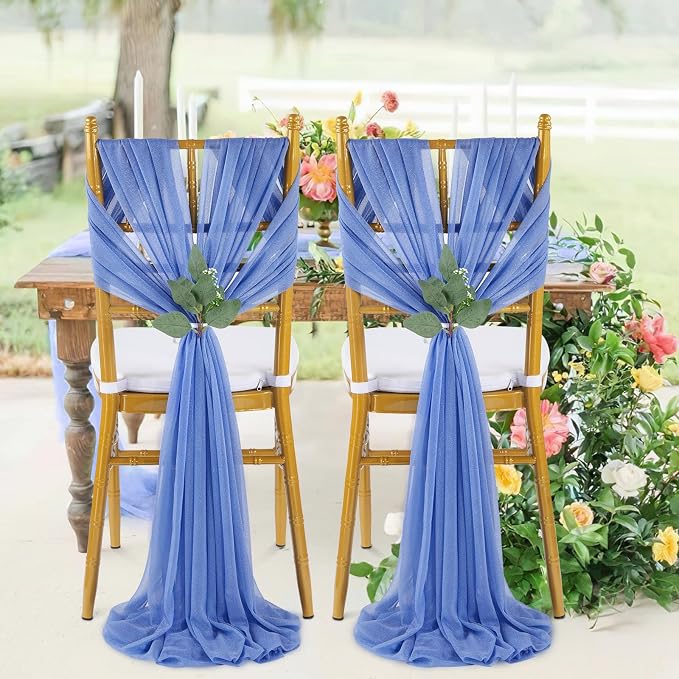QueenDream Dusty Blue Chair Sashes Decorations: 16 Packs Wedding Aisle Draping Fabric Wedding AisleSheer Church Chair Cover Bulk for Baby Shower Party Banquet