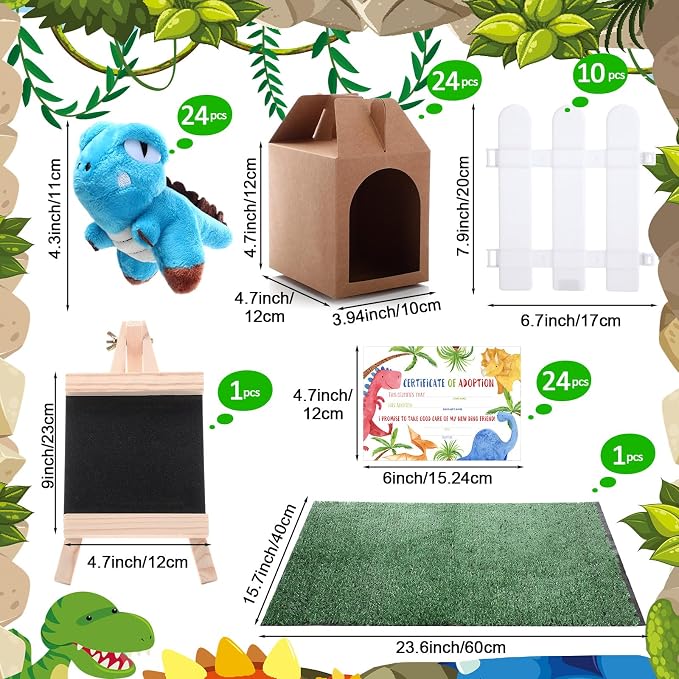 Blueweenly 84 Pcs Adopt a Pet Party Supplies 24 Mini Animals 10 White Plastic Fence 24 Paper Gift Boxes 24 Adoption Cards with Mini Chalkboard and Artificial Lawn(Dinosaur)