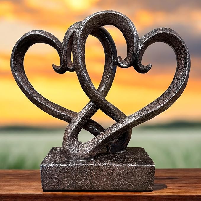 Top Brass Entwined Hearts Tabletop Decor, Two Hearts Love Unity Sculpture – Cast Iron Finish Resin Statue, Romantic Gift for Couples, Wedding & Anniversary, 11 Inches Tall