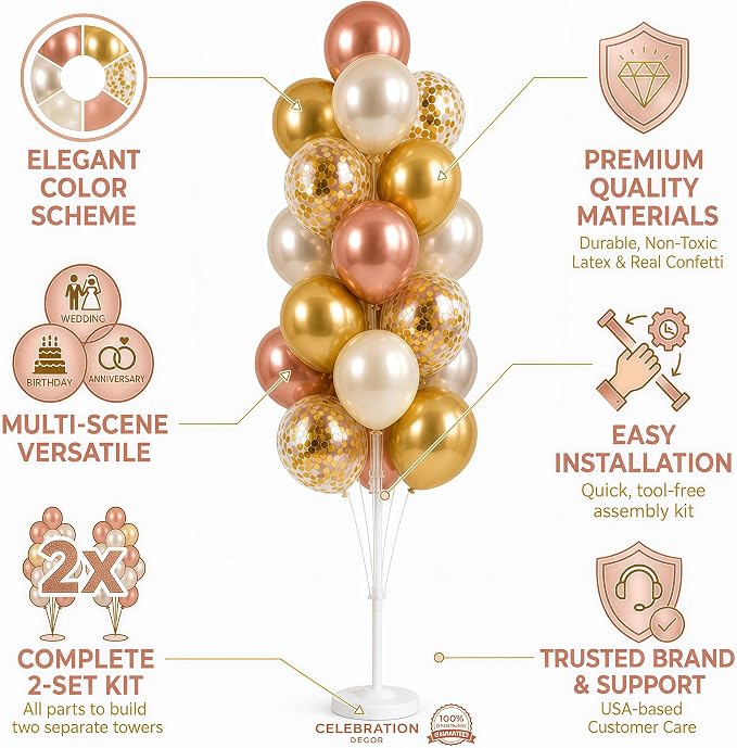 Balloon Column Kit Set of 2 With Balloons Included - with Base, and Pole,Balloon Tower Backdrop Decoration for Wedding, Baby Shower, Birthday Party, or Bachelorette Parties (Rose Champagne Gold)