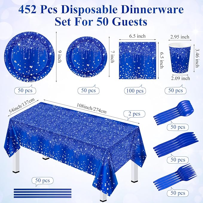 Funnymoom 452 Pcs Navy Blue Birthday Party Decoration Include Royal Blue Paper Plates Diamond Napkins Cups Tablecloth Cutlery Straws Tableware for Birthday Baby Shower Graduation Party Supplies