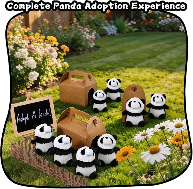 Adopt A Panda Party Favors Mini Plush Stuffed Animals Set with 12 Plush Panda Mini Fence Blackboard Kraft Paper Box for Adopt An Animal Themed Birthday Party