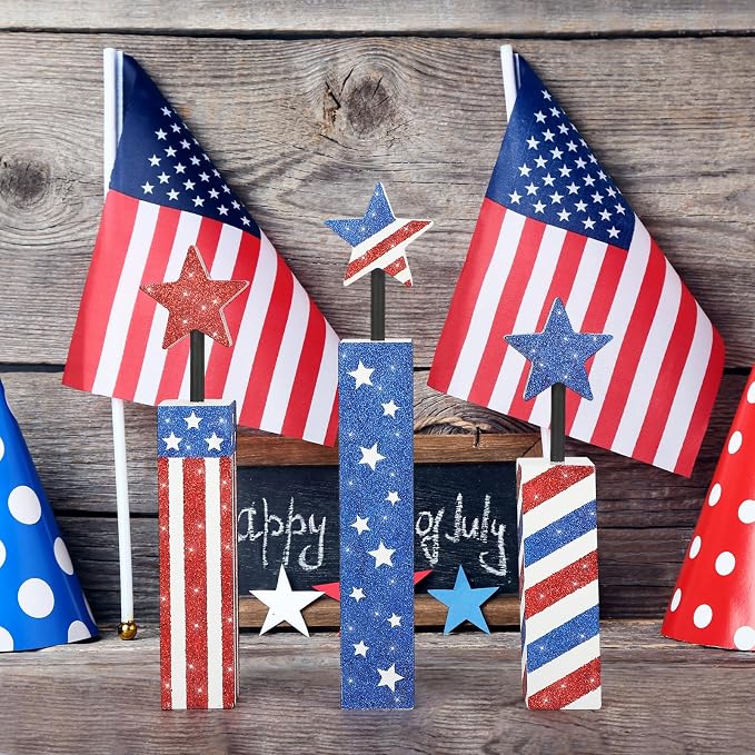 COCHIE 4th of July Decorations Set, Red White Blue Decor, Wooden Patriotic Memorial Day Tiered Tray Decor, Labor Day Decorations, Fourth of July Decoration for Home Office Table (Flag Shinny)