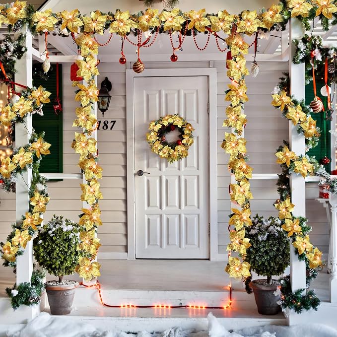 Zubebe 2 Pcs Prelit Poinsettia Christmas Garland with String Lights Glitter Holly Leaves Berries Remote Timer 8 Modes 6.5 ft Lighted Flower Garland Battery Operated Indoor Outdoor Decor(Gold)