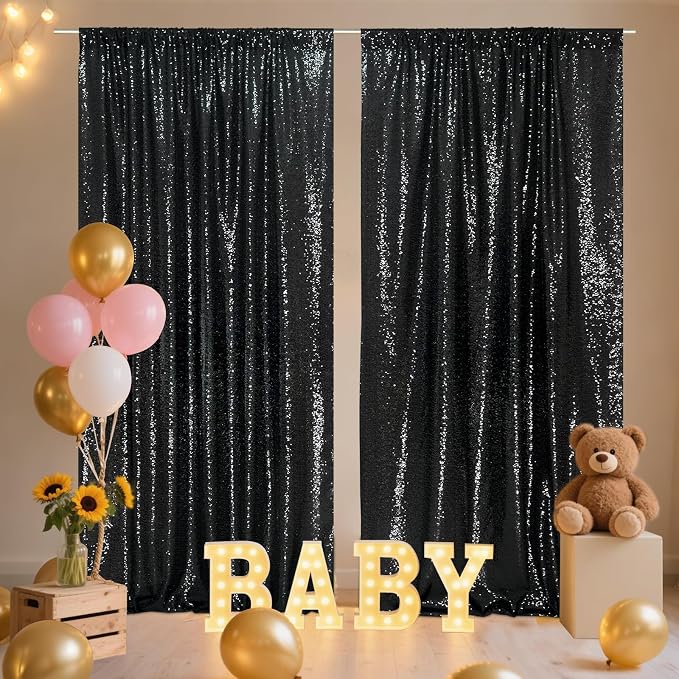 SquarePie 2 PCS 4x10ft Black Sequin Backdrop for Photography, Extra Long Satin-Backed Real Sequin Curtain, High-Density Shimmering Background with 4" Rod Pocket for Wedding Ceremony, 2 Panels