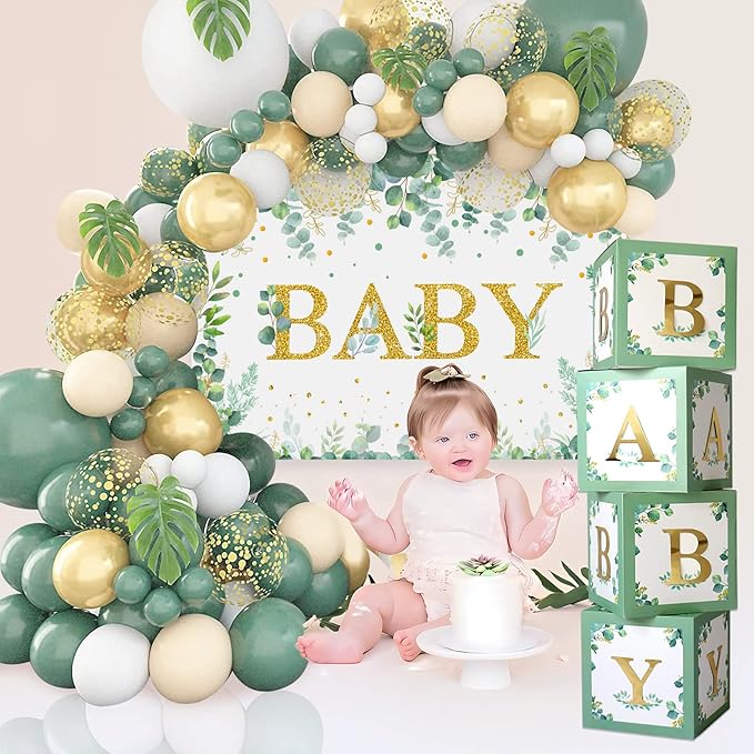 DataMoon Sage Green Baby Shower Decorations 125PCS Green Balloon Arch Kit, Balloon Boxes, Backdrop for Woodland Jungle Theme Baby Shower Decor Gender Reveal Birthday Party Supplies