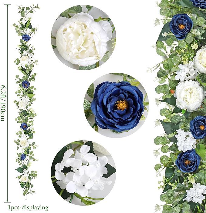 Betylifoy 2 Pack 12Ft Blue White Flower Garland Artificial Eucalyptus Flower Garlands Fake Peony Rose Floral Vines Silk Hydrangea Hanging Vine Greenery Garland for Wedding Party Table Backdrop Decor