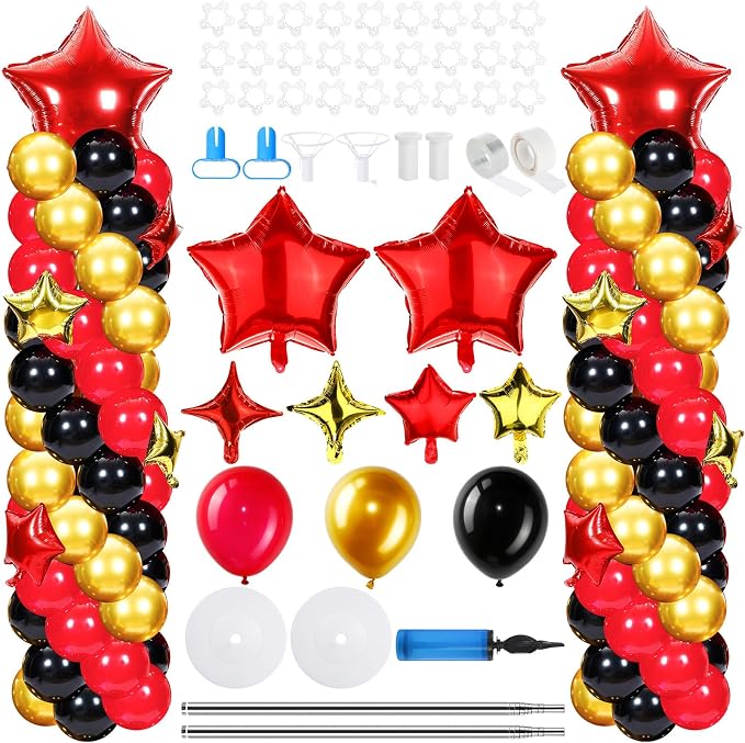 Gejoy 110 Pcs Red Gold Black Balloons Column Stand Kit Adjustable Tower Stand from 1.4 to 6.6 ft with Bases for Back to School Wedding Birthday Baby Shower Party