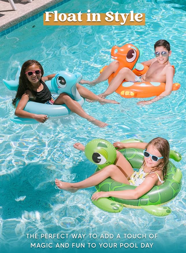 SLOOSH 3-Pack Inflatable Pool Tubes Floats - Dinosaur & Sea Turtle & Dolphin Swimming Rings for Kids Toddler, Pool Beach Water Float Party in Summer Decorations 32"