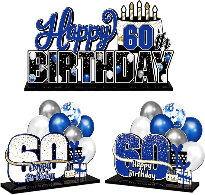 LINGTEER Happy 60th Birthday Blue Acrylic Table Topper Centerpieces Set - Cheers to Sixty Years Old Birthday 60th Bday Party Gift Decorations.