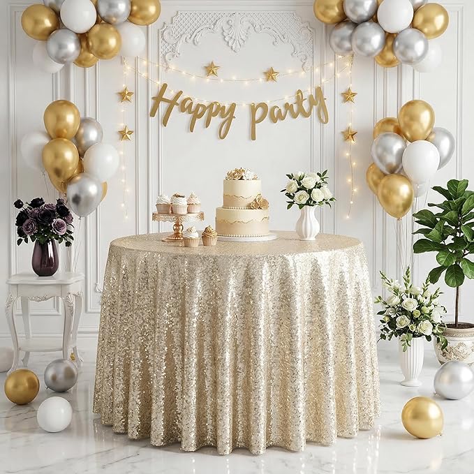 132 Inch Round Champagne Sequin Tablecloth, Metallic Large Glitter Sparkle Table Cloth for Dining Banquet Table, Sequin Table Linen for Wedding Bridal Shower Party Decorations