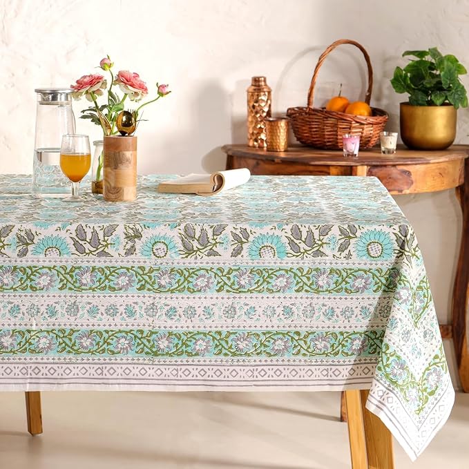 Hand Block Printed Tablecloth, Colorful Floral Print, Indian Artisan Handmade Art, Dining Room, Kitchen, Outdoor Décor, (Flamingo Bloom, 12 Seater 72 x 135 Inches Rectangle)