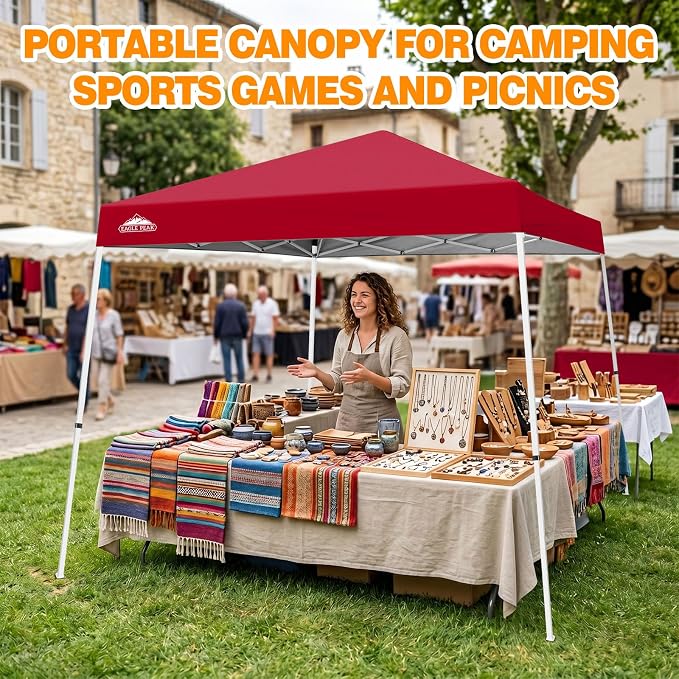 EAGLE PEAK 10x10 Slant Leg Pop-up Canopy Tent Easy One Person Setup Instant Outdoor Beach Canopy Folding Portable Sports Shelter 10x10 Base 8x8 Top (Red)