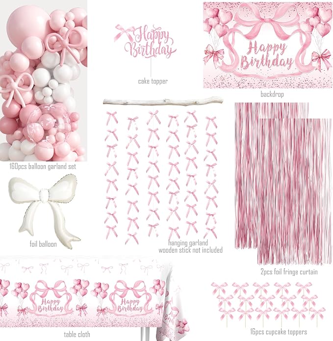 Pink Bow Birthday Decorations, Bow Coquette Birthday Party Supplies, Includes Backdrop, Hanging Garland, Foil Fringe Curtain, Cake Toppers, Balloon Garland, Tablecloth, Cupcake Toppers, Foil Balloon