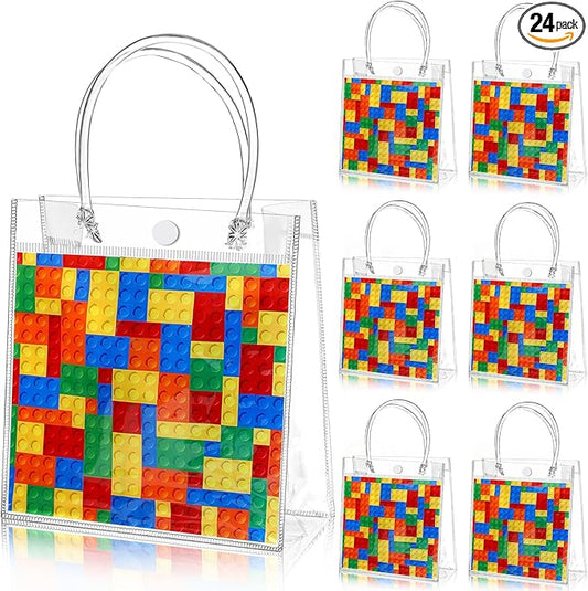 Teenyyou 24 Pcs Building Blocks Party Favors Bags Color Bricks PVC Clear Goodie Candy Treat Tote Gift Bags with Handles Building Blocks Theme Birthday Baby Shower Party Supplies