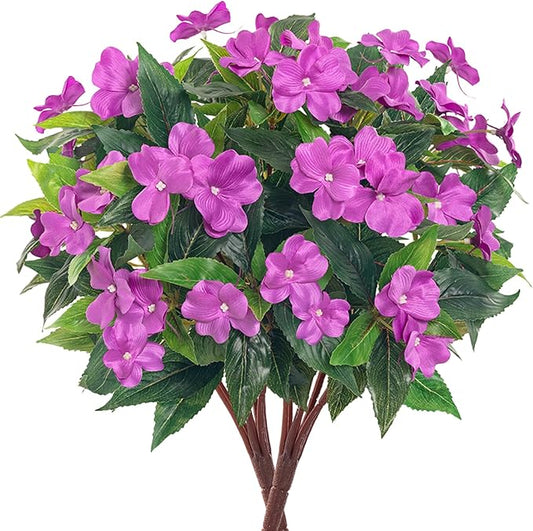 Fake Flowers Artificial Flowers for Outdoor，Artificial Plant Artificial Impatiens Bouquet Flowers for Outdoors Decoration,Silk Spring Artificial Plants for Outdoors Indoor Decor2PCS (Purple)
