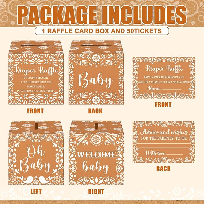 Teling 51 Pieces Diaper Raffle Tickets with Card Box Baby Shower Decorations Gender Reveal Holder Box for Girl Boy Diaper Raffle Party (Cielito Lindo)
