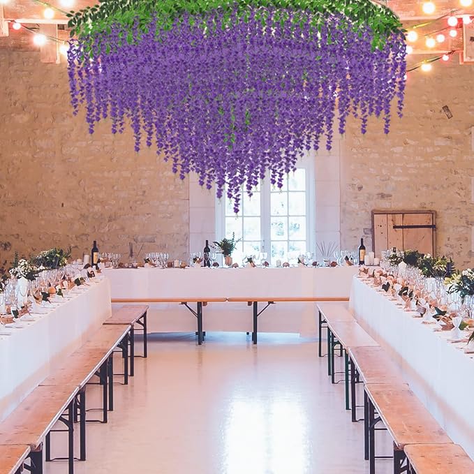 24 Pack Artificial Wisteria Hanging Flowers Fake Wisteria Flower Garland Silk Vines Rattan Decor for Home Wedding Arch Wall Garden Greenery Bedroom Outdoor Office Party Decoration (Purple)