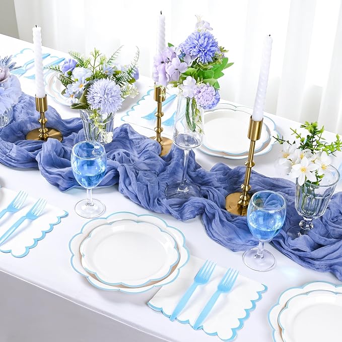 96 Pcs Paper Plates & Napkins Set, Light Blue & White, 24 Guest | White Dessert Plates with Baby Blue Scalloped Edge, Includes Napkins and Forks, For Baby Boy Shower, For Wedding